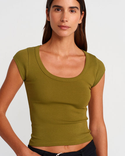 31808 Yuvarlak Yaka Fitilli T-shirt-Yağ Yeşil