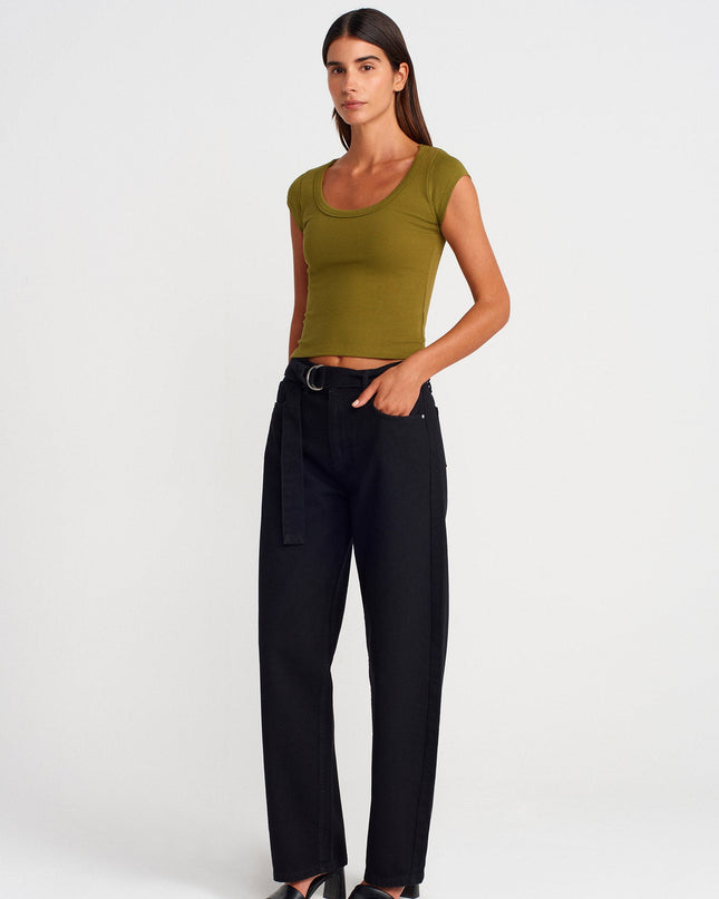 31808 Yuvarlak Yaka Fitilli T-shirt-Yağ Yeşil