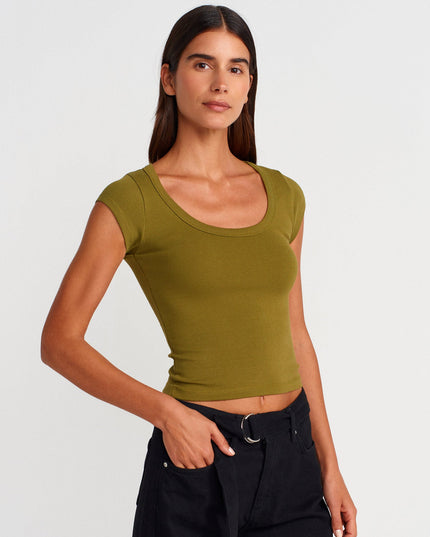 31808 Yuvarlak Yaka Fitilli T-shirt-Yağ Yeşil