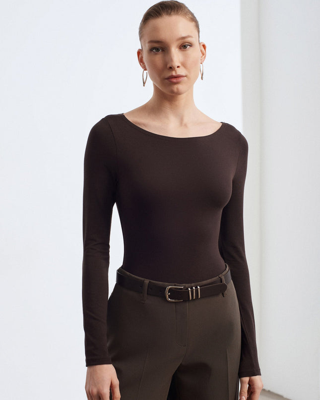 32549 Kayık Yaka Bodysuit-Koyu Kahve