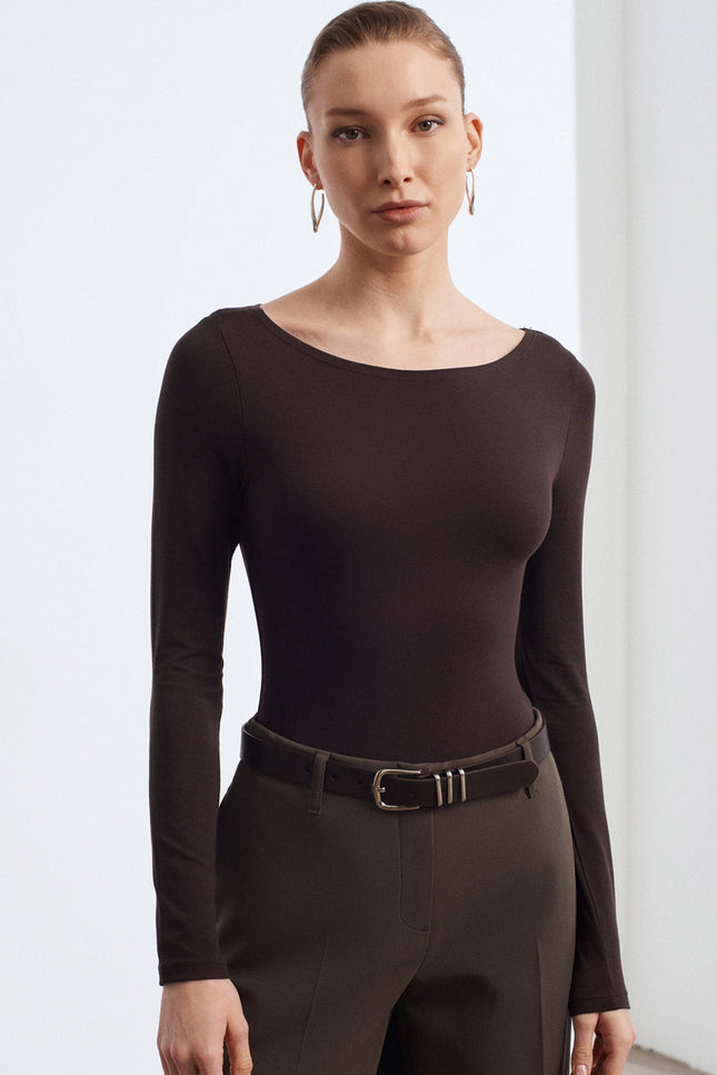 32549 Kayık Yaka Bodysuit-Koyu Kahve