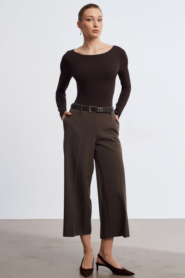 32549 Kayık Yaka Bodysuit-Koyu Kahve