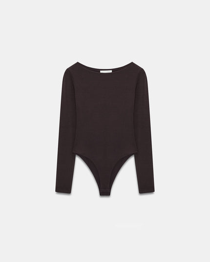 32549 Kayık Yaka Bodysuit-Koyu Kahve