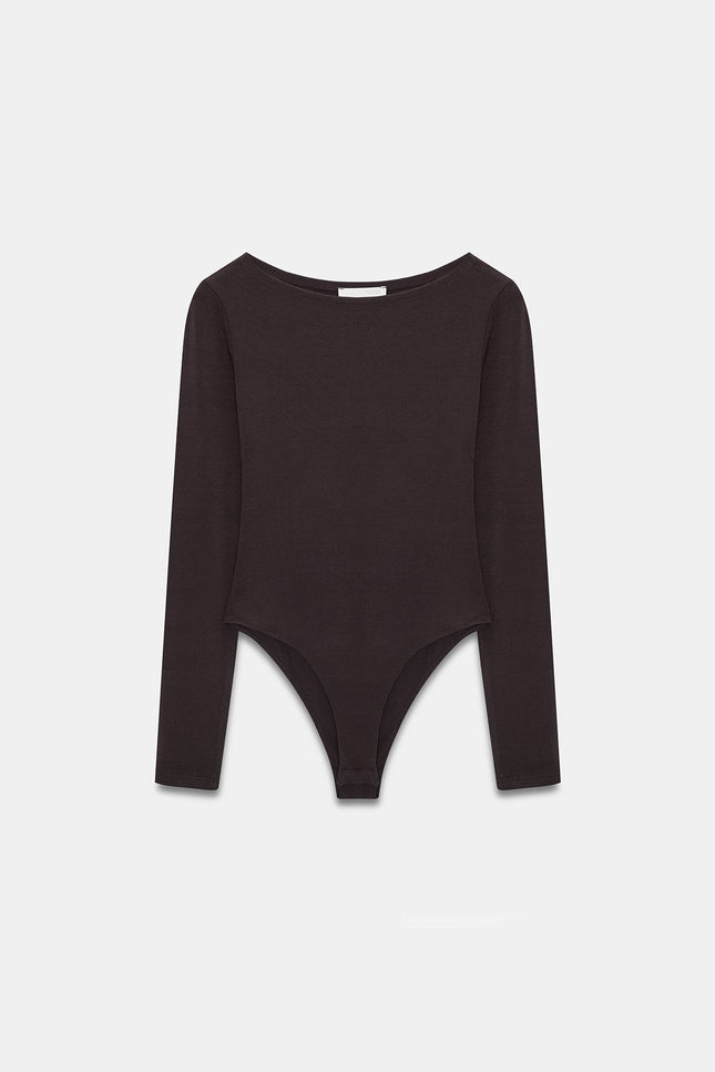 32549 Kayık Yaka Bodysuit-Koyu Kahve