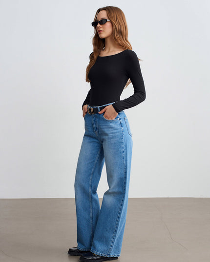 32549 Kayık Yaka Bodysuit-Siyah