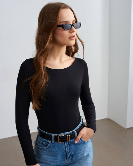 32549 Kayık Yaka Bodysuit-Siyah