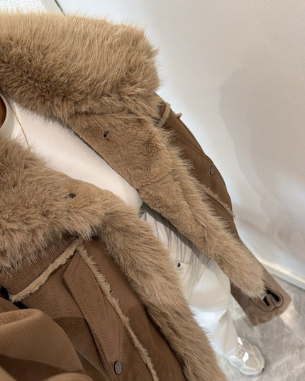 Luxurious Coffee Brown Faux Fur Collar Suede Oversized Winter Coat Jacket