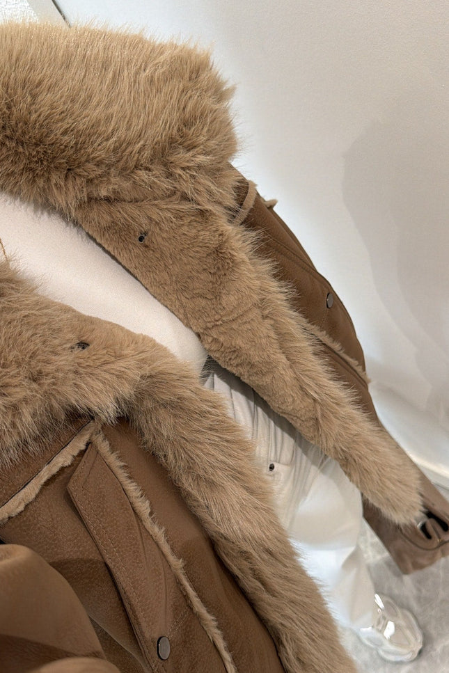 Luxurious Coffee Brown Faux Fur Collar Suede Oversized Winter Coat Jacket