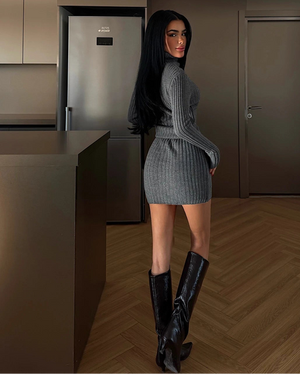 Grey Zurich Long Sleeve Mock Neck Knit Mini Dress