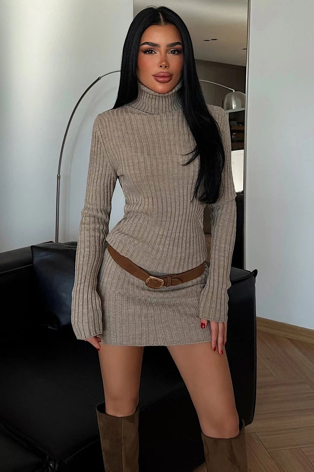 Mink Zurich Knit Mini Dress Elegant Turtleneck Bodycon Evening Wear