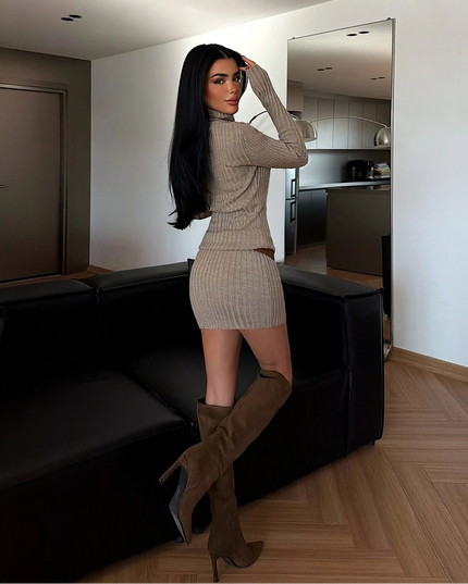 Mink Zurich Knit Mini Dress Elegant Turtleneck Bodycon Evening Wear