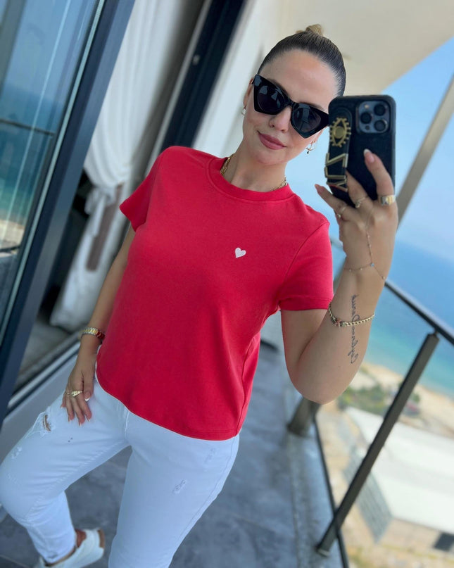 30584 Bisiklet Yaka Pamuklu Tshirt KIRMIZI