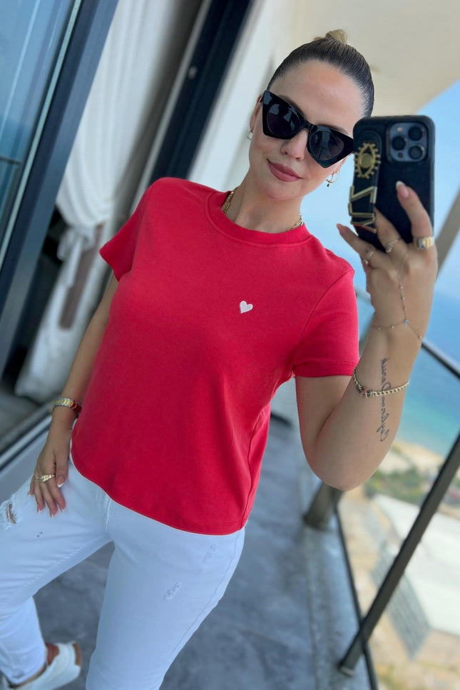30584 Bisiklet Yaka Pamuklu Tshirt KIRMIZI