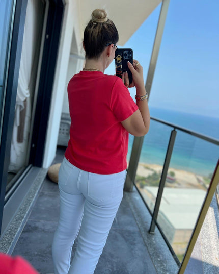 30584 Bisiklet Yaka Pamuklu Tshirt KIRMIZI