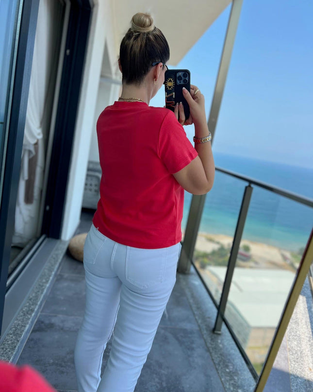 30584 Bisiklet Yaka Pamuklu Tshirt KIRMIZI