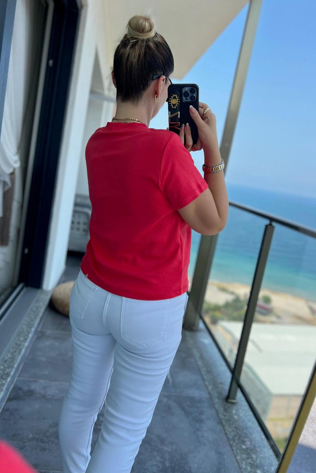 30584 Bisiklet Yaka Pamuklu Tshirt KIRMIZI