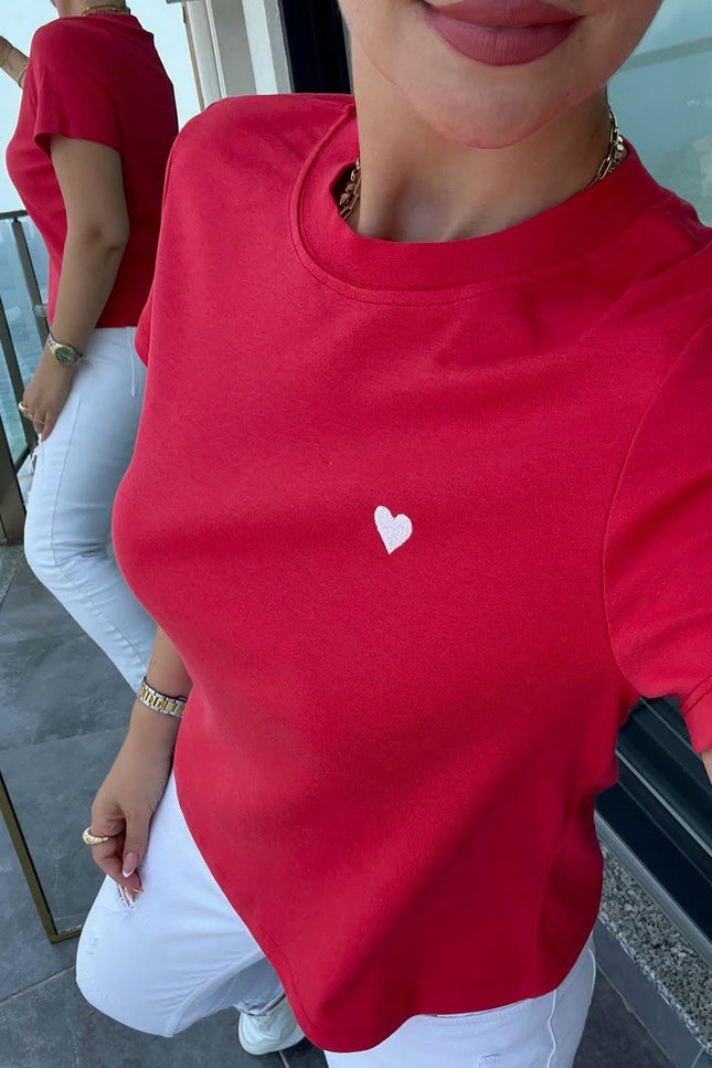 30584 Bisiklet Yaka Pamuklu Tshirt KIRMIZI