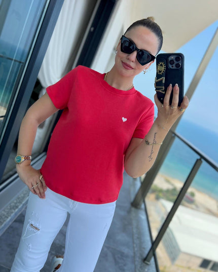 30584 Bisiklet Yaka Pamuklu Tshirt KIRMIZI