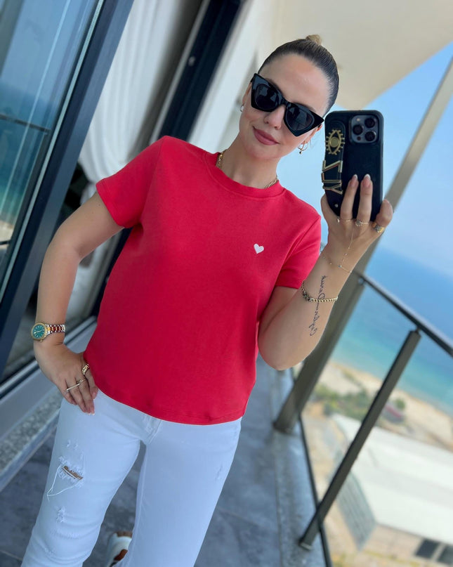 30584 Bisiklet Yaka Pamuklu Tshirt KIRMIZI