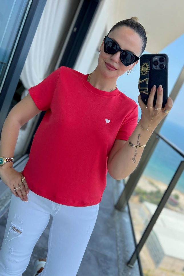 30584 Bisiklet Yaka Pamuklu Tshirt KIRMIZI