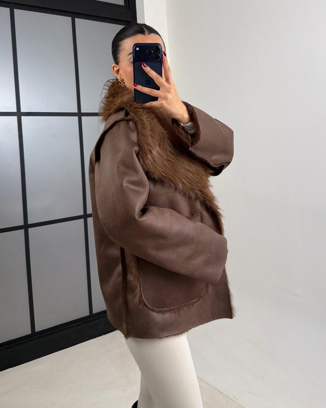 Luxurious Coffee Reversible Faux Fur Puffer Coat Chic Warm Winter Outerwear GAUS-00691