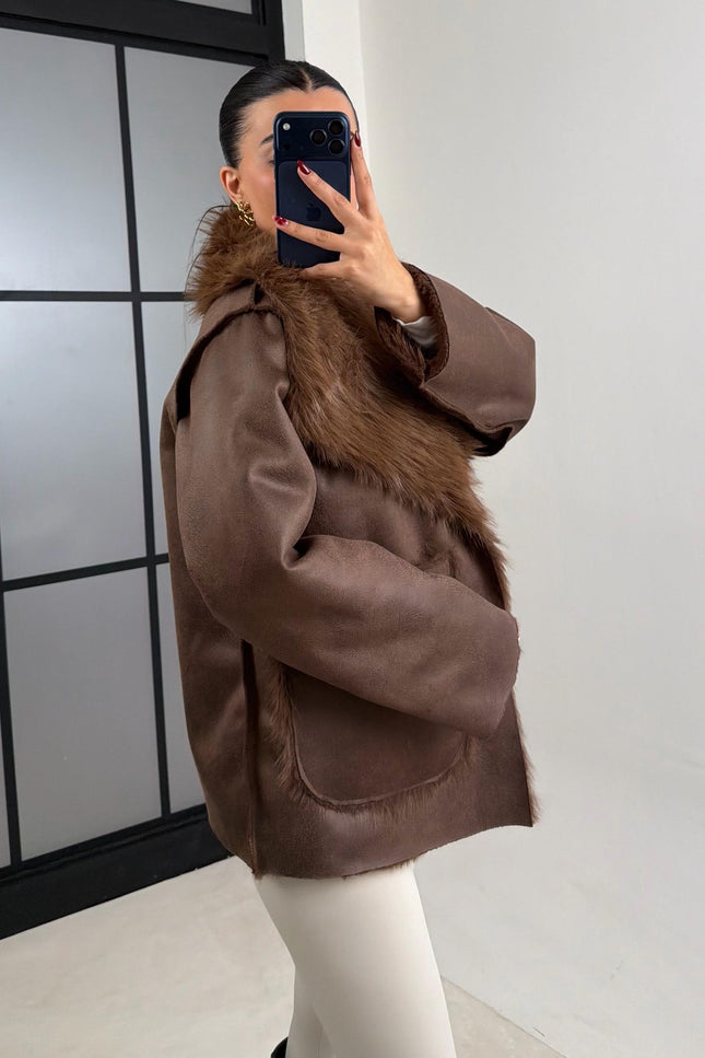 Luxurious Coffee Reversible Faux Fur Puffer Coat Chic Warm Winter Outerwear GAUS-00691