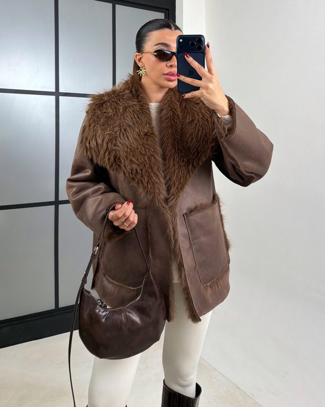 Luxurious Coffee Reversible Faux Fur Puffer Coat Chic Warm Winter Outerwear GAUS-00691
