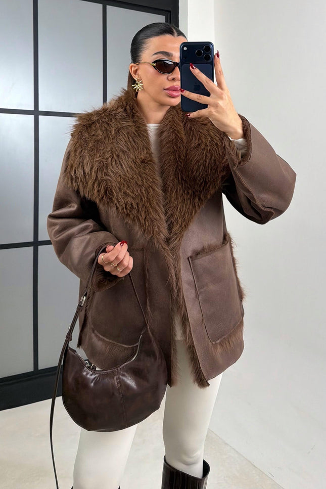 Luxurious Coffee Reversible Faux Fur Puffer Coat Chic Warm Winter Outerwear GAUS-00691