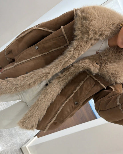 Luxurious Coffee Brown Faux Fur Collar Suede Oversized Winter Coat Jacket