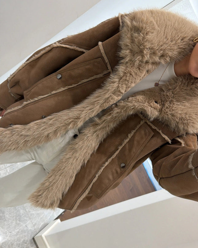 Luxurious Coffee Brown Faux Fur Collar Suede Oversized Winter Coat Jacket
