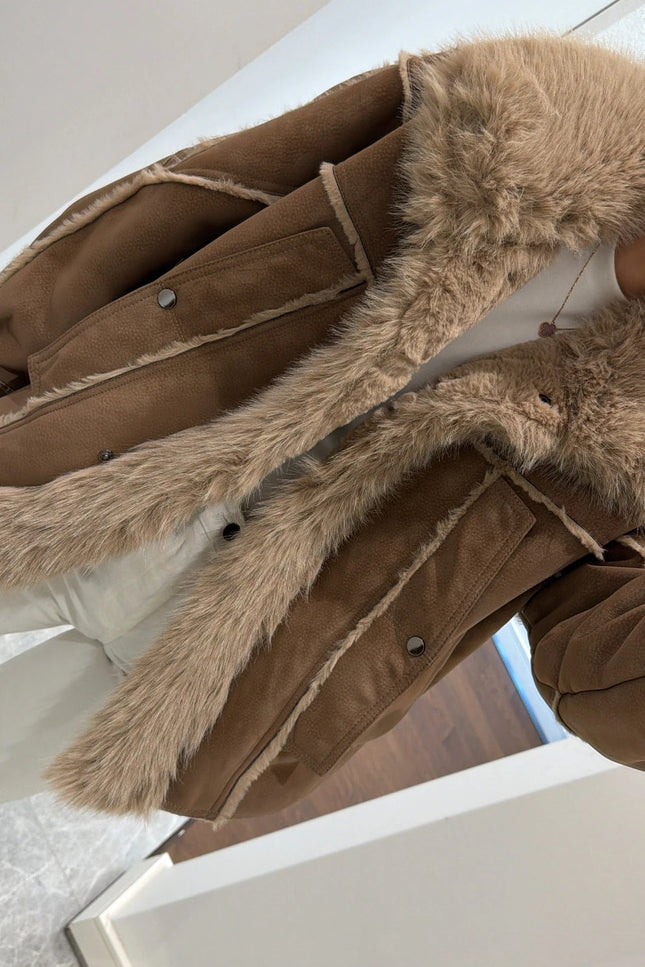 Luxurious Coffee Brown Faux Fur Collar Suede Oversized Winter Coat Jacket