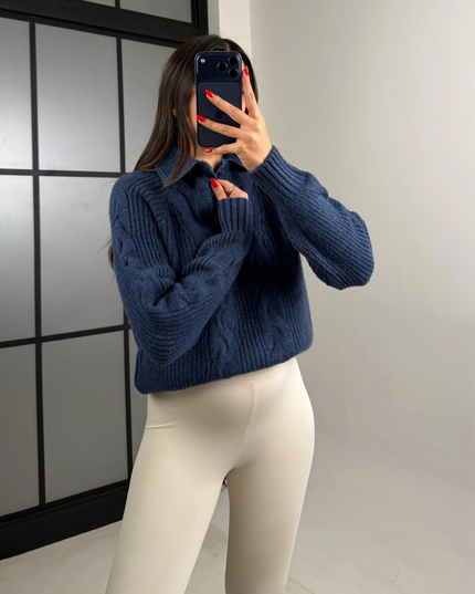 Knitted Sweater Denim Collar Detail -  Navy Blue