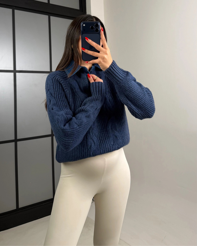 Knitted Sweater Denim Collar Detail -  Navy Blue