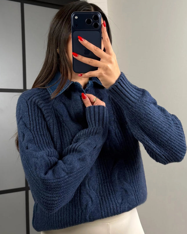 Knitted Sweater Denim Collar Detail -  Navy Blue