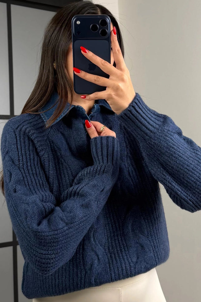 Knitted Sweater Denim Collar Detail -  Navy Blue