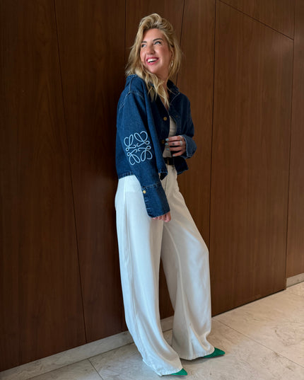 Navy Sleeve-Embroidered Hooded Premium Jean Jacket
