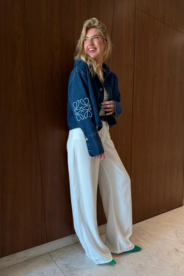 Navy Sleeve-Embroidered Hooded Premium Jean Jacket