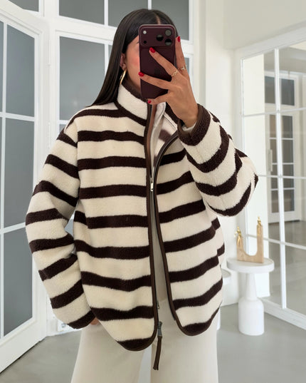 Presy Brown Striped Polar Sweatshirt