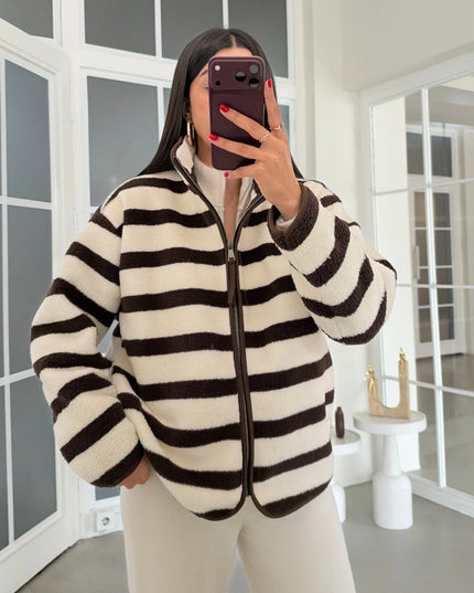 Presy Brown Striped Polar Sweatshirt