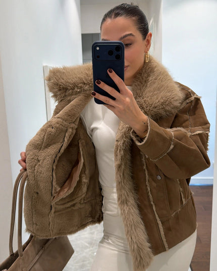 Luxurious Coffee Brown Faux Fur Collar Suede Oversized Winter Coat Jacket