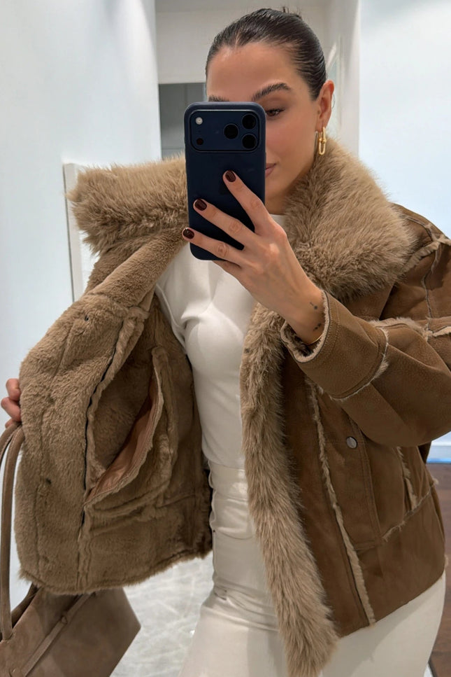 Luxurious Coffee Brown Faux Fur Collar Suede Oversized Winter Coat Jacket