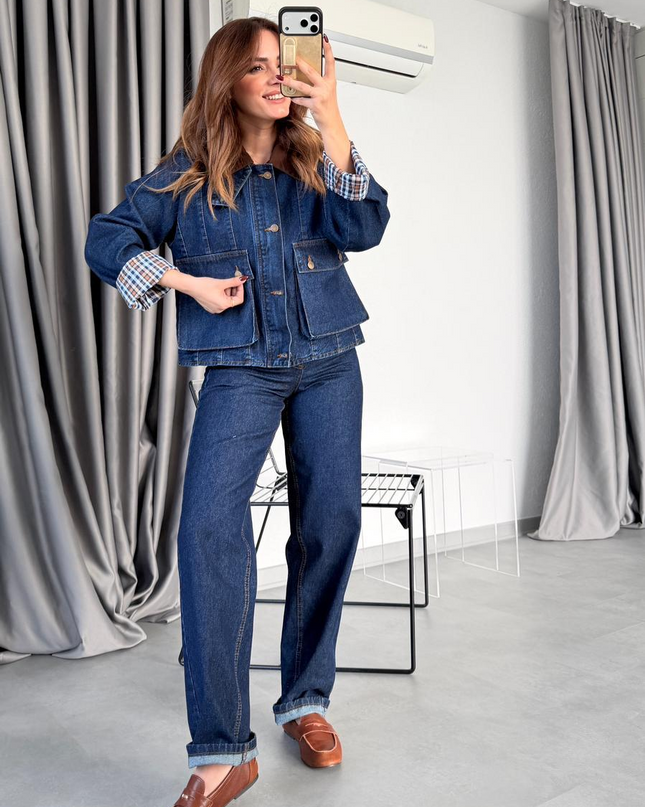 Brown Collar Detailed Denim Jacket Pants Set