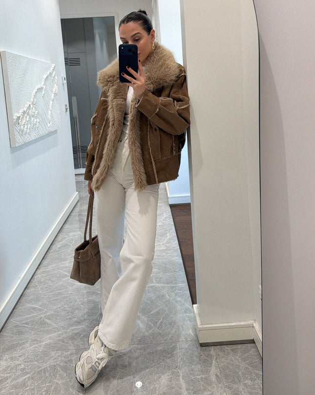 Luxurious Coffee Brown Faux Fur Collar Suede Oversized Winter Coat Jacket