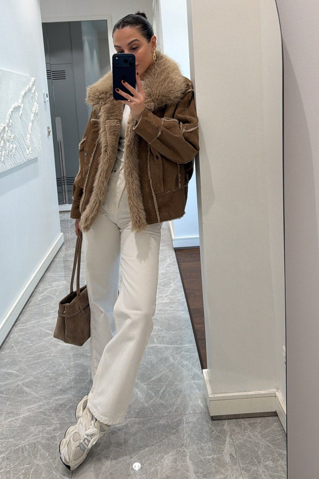 Luxurious Coffee Brown Faux Fur Collar Suede Oversized Winter Coat Jacket