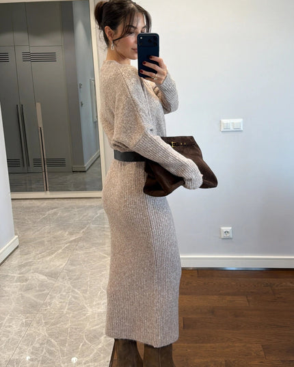 Elegant Knit Midi Dress with Pencil Skirt, Comfortable Standard Fit