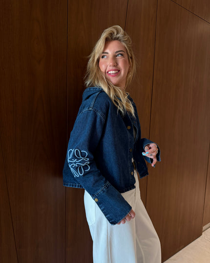 Navy Sleeve-Embroidered Hooded Premium Jean Jacket
