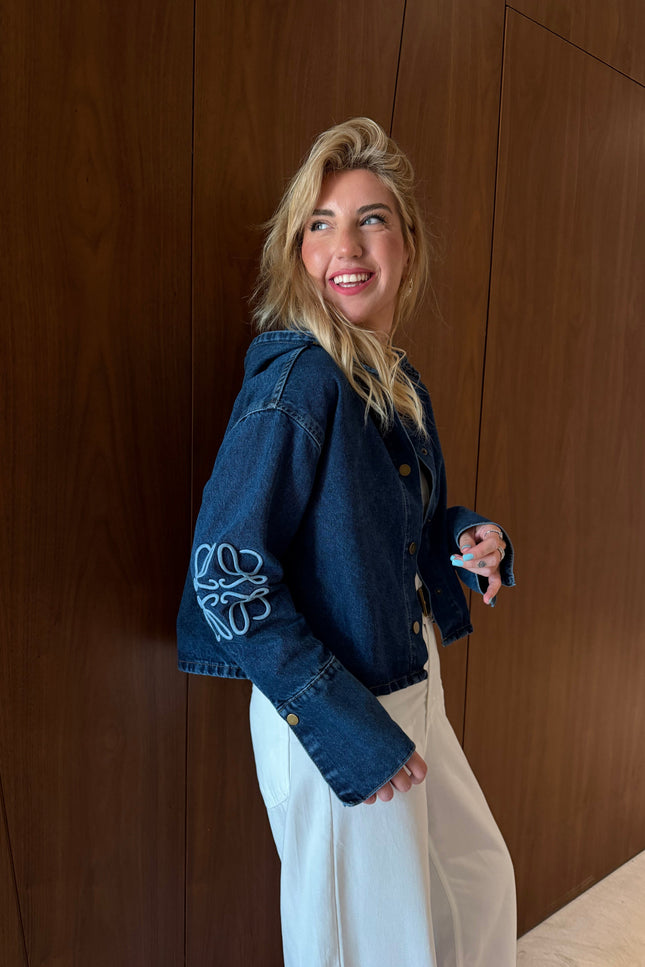 Navy Sleeve-Embroidered Hooded Premium Jean Jacket