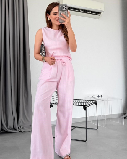 Freya Linen Sleeveless Blouse & Trousers Set - Pink