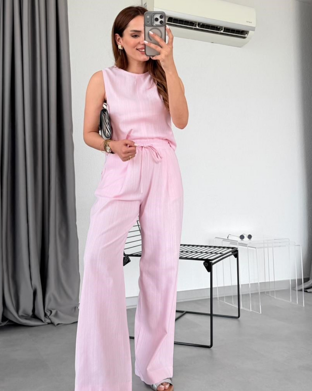 Freya Linen Sleeveless Blouse & Trousers Set - Pink