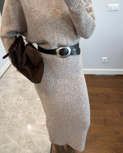 Elegant Knit Midi Dress with Pencil Skirt, Comfortable Standard Fit